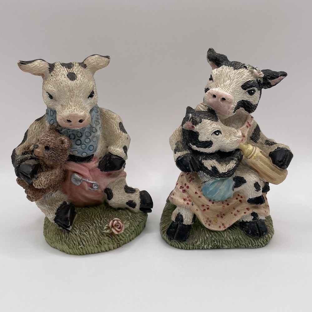 Vintage Baby Cow Calf Figurines Set of 2 Resin Farm Animals Teddy Bear Bird